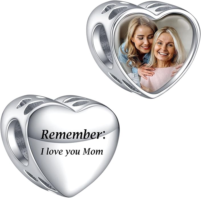 Annmors Personalized Photo Charms For Bracelets/Necklace 925 Sterling Silver Love Heart Shaped Engraved Customize Picture Gift for Birthday Mother's Day,Bead Charms Jewelry for Women