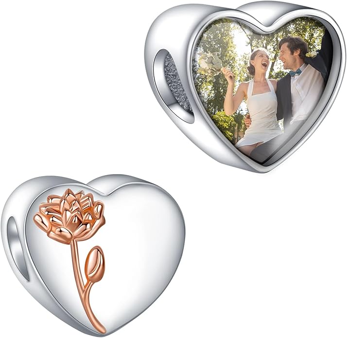 Annmors Personalized Photo Charms For Bracelets/Necklace 925 Sterling Silver Love Heart Shaped Engraved Customize Picture Gift for Birthday Mother's Day,Bead Charms Jewelry for Women