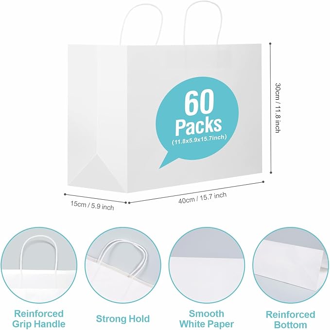 woric 60 PCS White Paper Bags with Handles, Large Gift Bag 16 x 6 x 12 inch White Gift Bag Bulk Shopping Bags for Gift Grocery Small Business