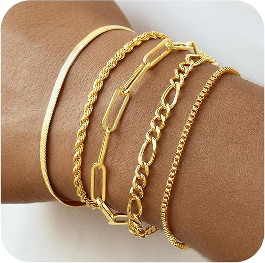 Gold Bracelets for Women, 14K Gold Plated Stackable Bracelet Stack Set Adjustable Charm Paperclip Chain Snake Link Layered Waterproof Jewelry Sets Gifts