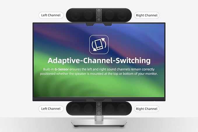 Computer Speakers for Desktop PC Monitor, USB Plug-in, Wired, Computer Soundbar for PC, Laptop Speakers with Adaptive-Channel-Switching, Loud Sound, Deep Bass, USB C Adapter, Easy to Clip on Monitor
