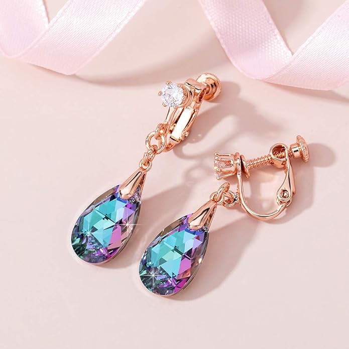 Teardrop Austrian Crystal Drop Clip On Dangle Earrings for Women Non Pierced 14K Rose Gold Plated Hypoallergenic Jewelry