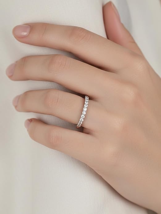D Color VVS1 Clarity Moissanite Hand Setting Eternity Rings for Women, Solid 925 Sterling Silver Rhodium Finish, Stackable Ring, Wedding Birthday Valentines Anniversary Mothers Day Ideal Gift for Her
