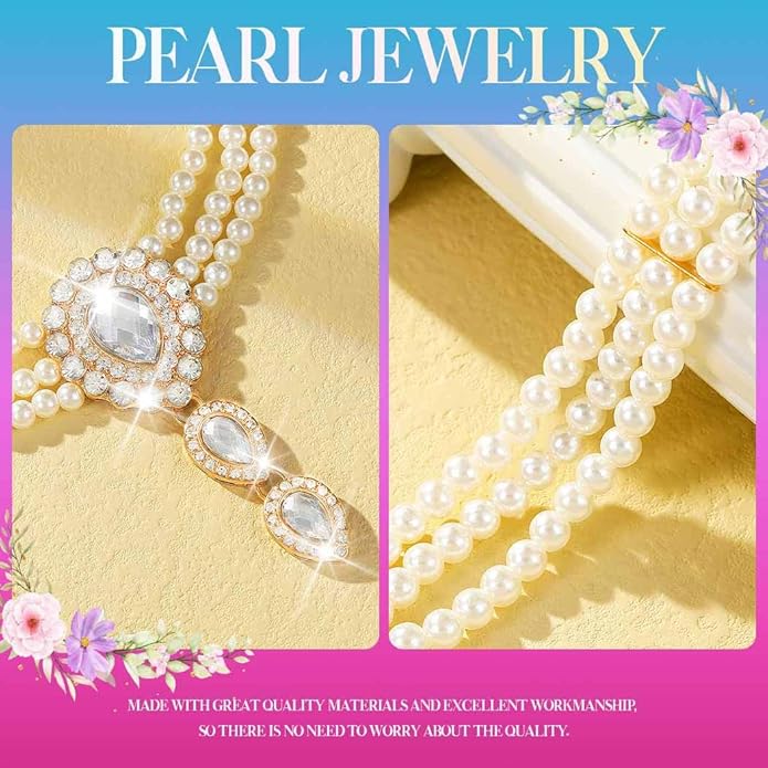 Brishow Pearl Choker Necklaces Set Green Crystal Bridal Jewelry Sets for Wedding Layered Pearl Costume Jewelry Bracelets Set for Women