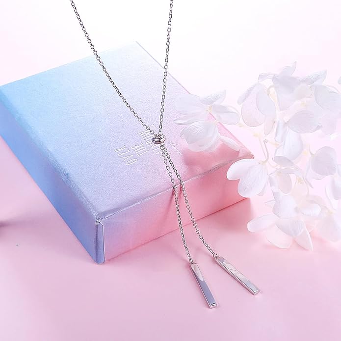 Long Necklace Sterling Silver Larait Bar Y Lariat Long Chain Drop Adjustable Necklace Gift for Her, 30"
