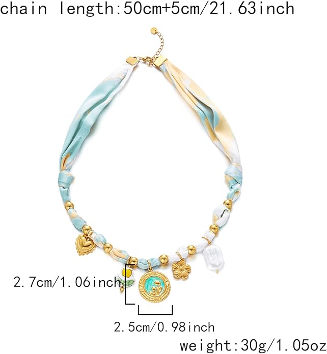 RINHOO FRIENDSHIP Silk Scarf Necklace for Women - Adjustable Boho Vintage Bandana Choker with 18K Non-Tarnish Gold Charms (Assorted Pendants & Patterns) Layered Jewelry Gift Box