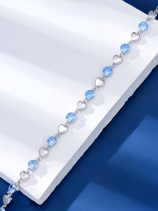 Birthstone Charm Link Bracelet 925 Sterling Silver Rose/Heart/Mom Bracelet with 12 Months Birthstone Mother's Day Gift Jewelry Gifts for Women,Chain Length 7"+2" Extend