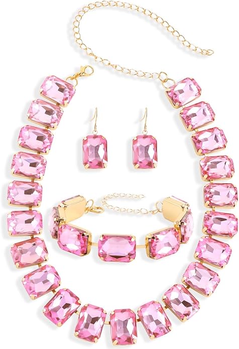 KOSMOS-LI Rectangle Faux Crystal Jewelry Sets Includ Necklace Bracelet Earrings For Women Stocking Stuffers