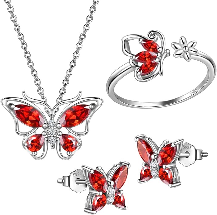 925 Sterling Silver Birthstone Butterfly Jewelry Women Crystal Animal Cute Butterflies Birthday Necklace/Earring/Ring/Bracelet Sets Birth Stone Statement Anniversary Jewellery