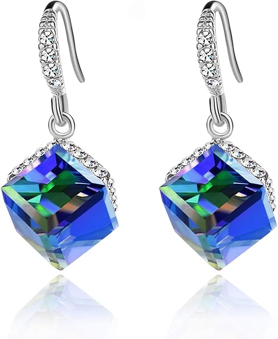 Austrian Crystal Cube Drop Dangle Earrings for Women 14K Gold Plated Hypoallergenic Jewelry