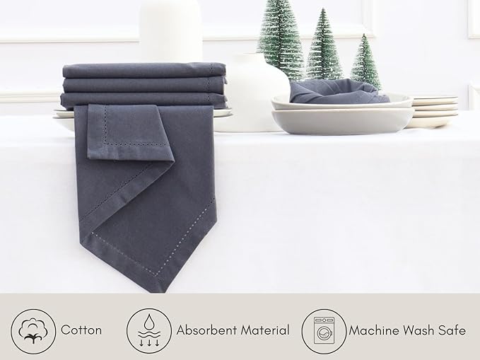 PurpleEssences Set of 12 Hemstitch Cloth Dinner Napkins 100% Cotton - Soft Durable Washable - Ideal for Wedding Christmas Holiday Winter - Perfect Everyday Use Table Linen 18x18 - Dark Gray