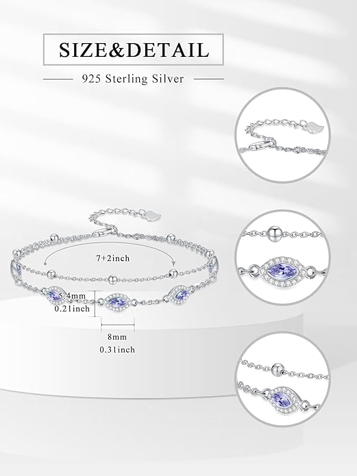 Evil Eye Birthstone Charm Link Bracelet 925 Sterling Silver Evil Eye Bracelet with 12 Months Birthstone Birthday Jewelry Gifts for Women Mom Her,Chain Length 7"+2" Extend