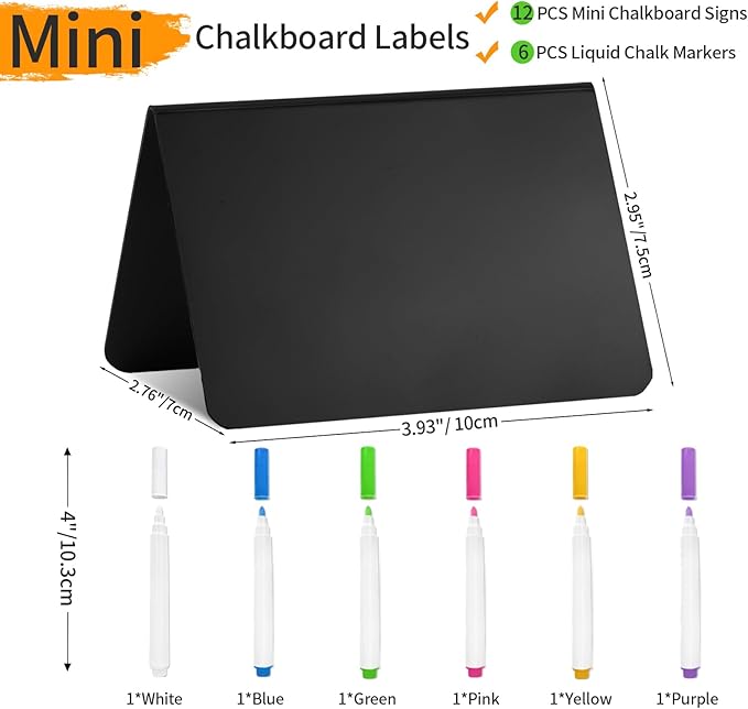 Herda 12 Pack 4"x3" Mini Chalkboard Signs for Party Buffet,Food Labels for Party Supplies-Wedding Table Signs -Bakery Food Tags-Small Chalkboard Place Cards with 6 Liquid Multicolored Chalk Markers