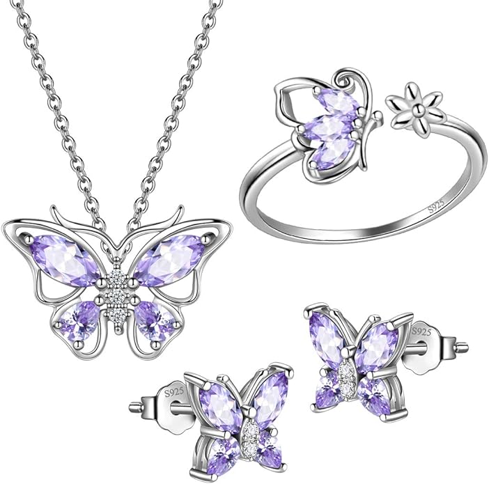 925 Sterling Silver Birthstone Butterfly Jewelry Women Crystal Animal Cute Butterflies Birthday Necklace/Earring/Ring/Bracelet Sets Birth Stone Statement Anniversary Jewellery