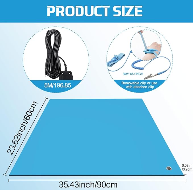 Anti-Static Mat Kits Includes Heat Resistant ESD Mats Anti Static Wrist Straps Grounding Cords Rubber Soldering Table ESD Pad for Computer PC Building Electronics Repair (1 Pack,24 x 35 in)