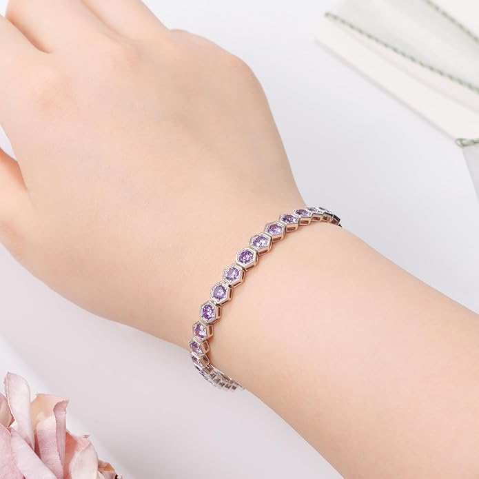 Birthstone Tennis Bracelets for Women Birthday Gifts 925 Sterling Silver Hexagon White Gold Bracelets Round Cut 5A Cubic Zirconia Prong Setting 7 Inch Anniversary Jewelry Gift
