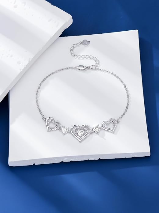 Birthstone Charm Link Bracelet 925 Sterling Silver Rose/Heart/Mom Bracelet with 12 Months Birthstone Mother's Day Gift Jewelry Gifts for Women,Chain Length 7"+2" Extend