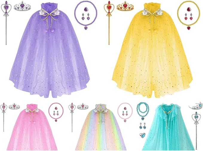 Princess Dress Up Clothes, 7pcs Princess Cape Crown with Wand for Girls 3-8 Years Toddler Princess Dress Up for Birthday Gift