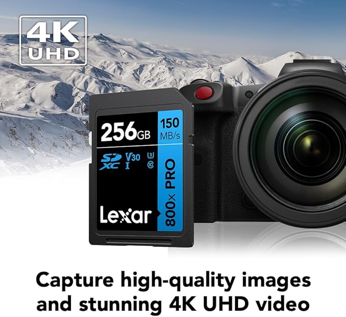 Lexar 256GB High-Performance 800x PRO SD Card, UHS-I, C10, U3, V30, 4K, Up to 150MB/s Read SDXC Memory Card, for Point-and-Shoot & Mid-Range DSLR Cameras, HD Camcorders (LSD0800P256G-BNNNU)