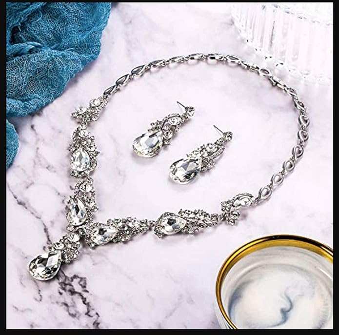 Secret for Longevity Silver Tone Antique Style Art Deco Clear Crystal Rhinestone Statement Wedding Bridal Prom Chunky Statement Earrings Necklace Gift Set