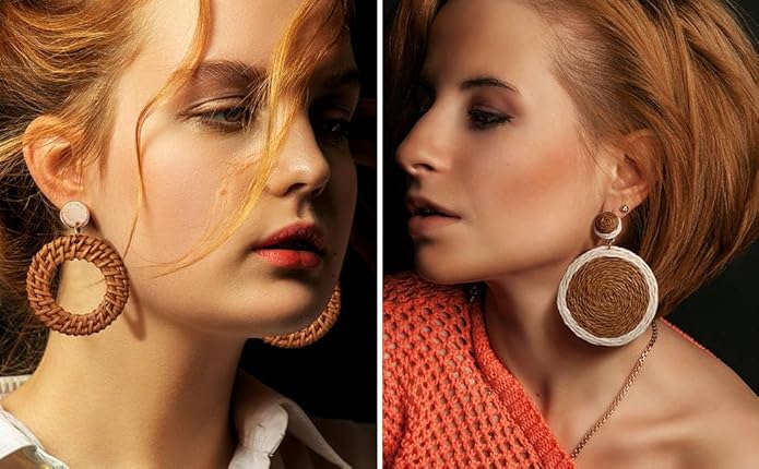 4 Pairs Handmade Raffia Rattan Bohemian Round Drop Dangle Earrings for Women, Boho Statement Cute Fun Hoop Earrings Set