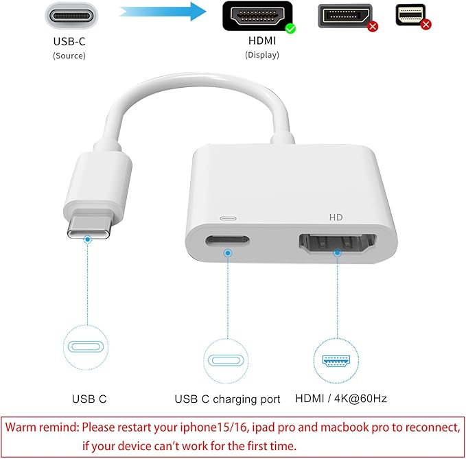 AIRSKY USB C to HDMI Adapter for iPhone 15/16, USBC to HDMI Adapter for iPhone to tv, 100W Fast Charging & 4K@60Hz, Compatible with iPhone 15, iPhone 16, MacBook Pro, iPad Pro