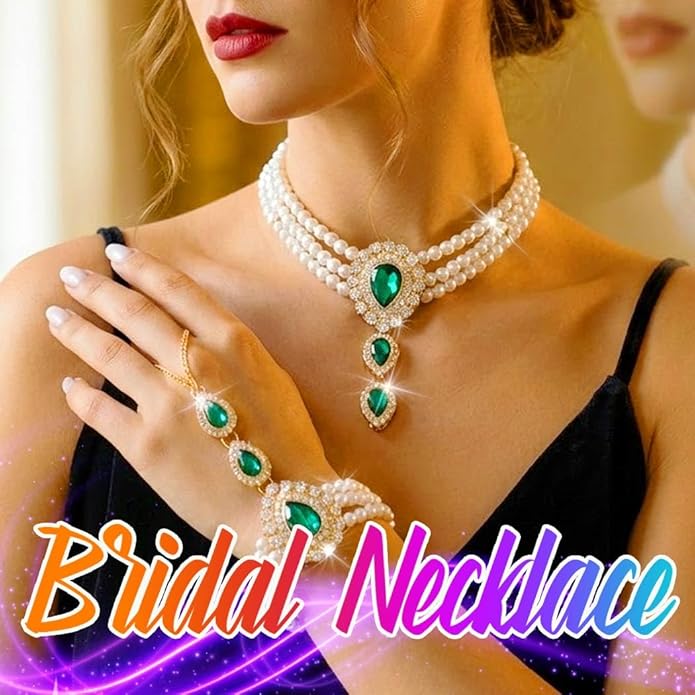 Brishow Pearl Choker Necklaces Set Green Crystal Bridal Jewelry Sets for Wedding Layered Pearl Costume Jewelry Bracelets Set for Women