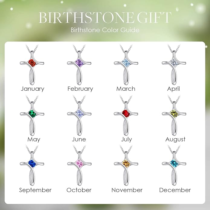 Cross Necklace for Women, 925 Sterling Silver Birthstone Necklace for Women with Diamond Sideways Cross Necklaces Birthstone Jewelry Birthday Gifts for Womens