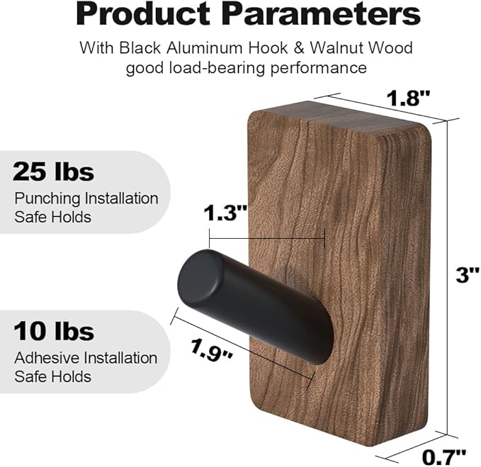 4 PCS Black Walnut Wood Wall Hooks, Adhesive Mounted & Wall Mounted Rustic Decorative Entryway Hooks, Mid Century Modern Natural Wooden Pegs for Hanging Coat Clothes Hat Bag Purse and Towel