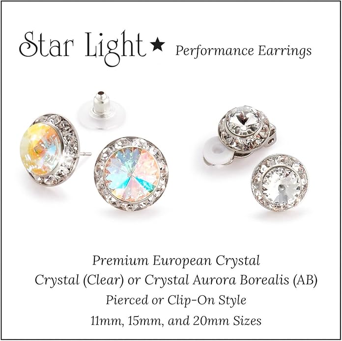 | Crystal Clear and Crystal AB Rhinestone Clip On or Pierced Earrings for Dance, Pageant, Prom, Performance, Wedding