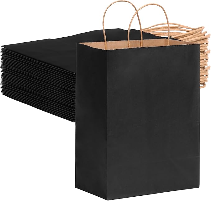 OUTUXED Black Gift Bags, 35pcs Kraft Paper Bags with Handles, 7.1x3.6x9.3in Medium Size for Retail, Gift Wrapping, and Shopping
