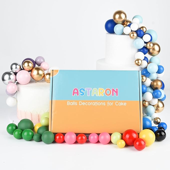ASTARON 32 Pcs Ball Cake Topper Decorations Mini Balloons Cake Topper Sticks Foam Balls Cake Picks Cake Topper Balls Cake Decorations for Wedding Party Birthday Cake Decorations (Yellow Gold)