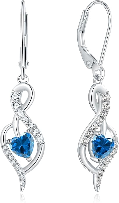Infinity Heart Dangle Drop Earrings for Women, 925 Sterling Silver Birthstone Leverback Earrings, Birthday Anniversary Valentines Day Jewelry Gifts for Women Mom Her