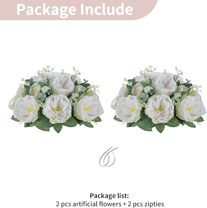 NUPTIO Artificial Flowers Ball Centerpieces: 2 Pcs 9.8 Inch Diameter Fake Kissing Rose Floral Balls for Wedding Party Bridal Shower Valentine Home - White Bouquet Arrangement Decorations for Table