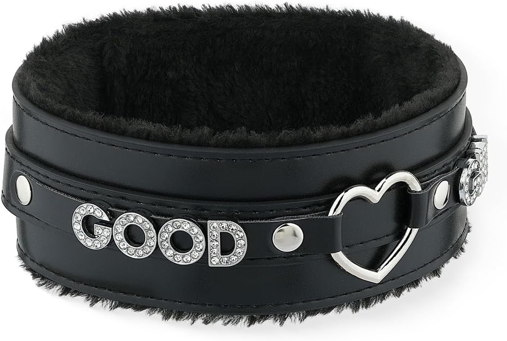 Pink Furry Heart O-ring Leather Choker Collar For Women, Handmade Punk Gothic Letter Necklace Adjustable Fashion Jewelry