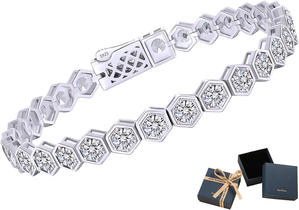 Birthstone Tennis Bracelets for Women Birthday Gifts 925 Sterling Silver Hexagon White Gold Bracelets Round Cut 5A Cubic Zirconia Prong Setting 7 Inch Anniversary Jewelry Gift