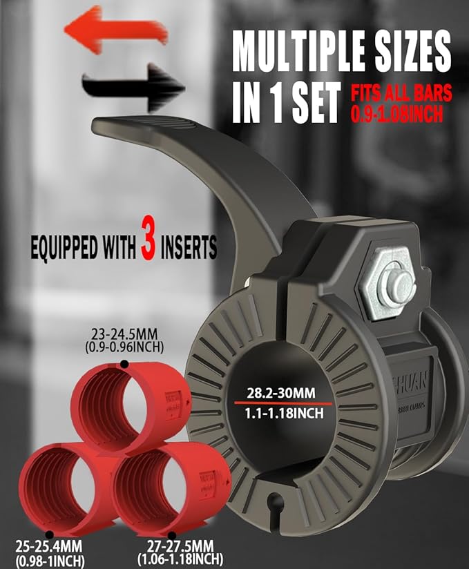 Barbell Clips 1 Inch Quick Release Weight Clamps 0.9-1.18inch Multi-Size Adjustable Olympic Clamps for Bars
