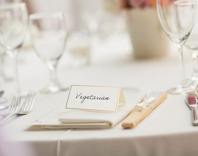 Better Office Products 100 Pack Gold Metallic Border Place Cards, 2 x 3.5 in, Folded Table Tent Cards for Weddings, Dinner Parties, Buffet Banquets, (White)