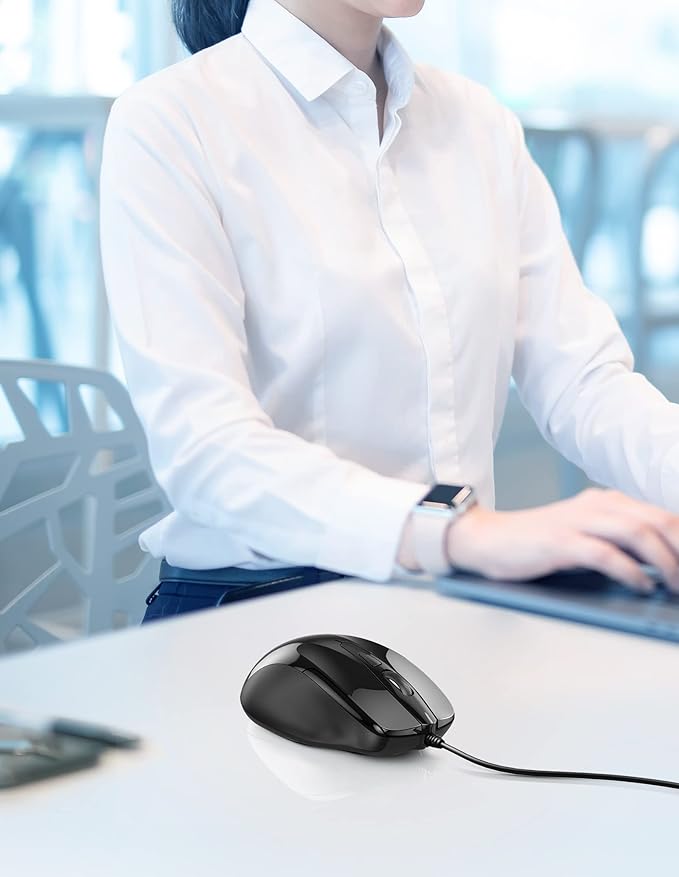 TECKNET USB Wired Mouse, 6-Button Corded Mouse with 4 Adjustable DPI, Optical Computer Mouse with Ergonomic Design and 5FT Cord for Laptop, Chromebook, PC, Desktop, Mac, Notebook-Black