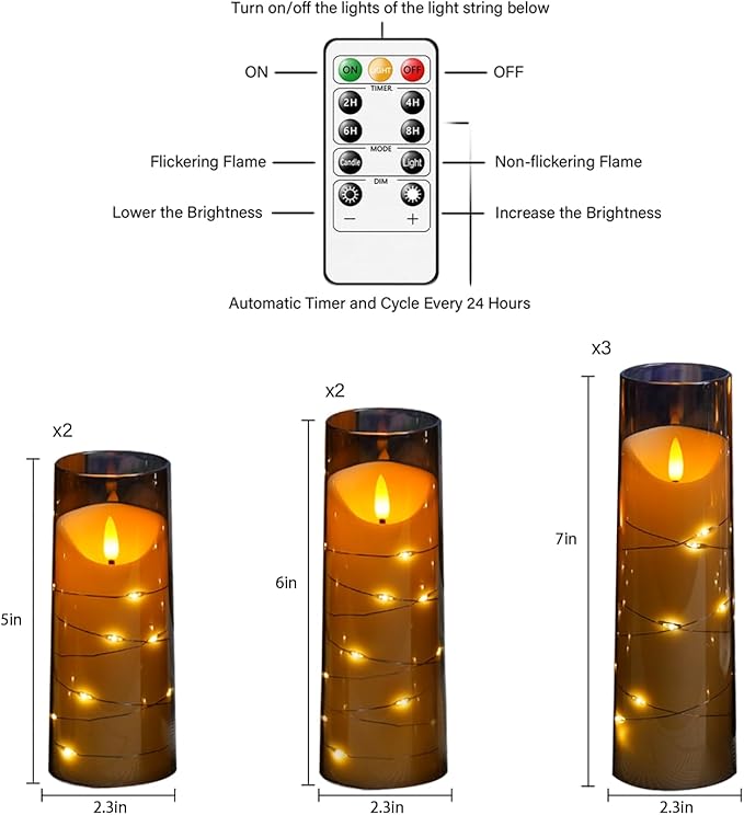 Flameless Candles with Embedded Star String, Battery Operated LED Pillar Candles with Timer and Remote Control,Home Decorating for Ambiance， Set of 9(Grey)