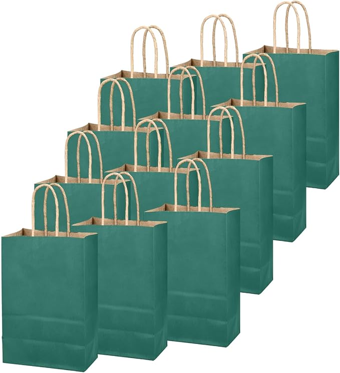 qiqee Peacock Green Gift Bag with Handles Bulk 24Pcs Paper Bags -10.6"x8.3"x4.3"Party Favor Bags - Solid Color