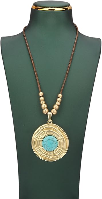 Boho Leather Necklace Women Bohemian Brown Circle Pendant Necklace Choker Long Necklaces for Women Boho Ring Large Pendant