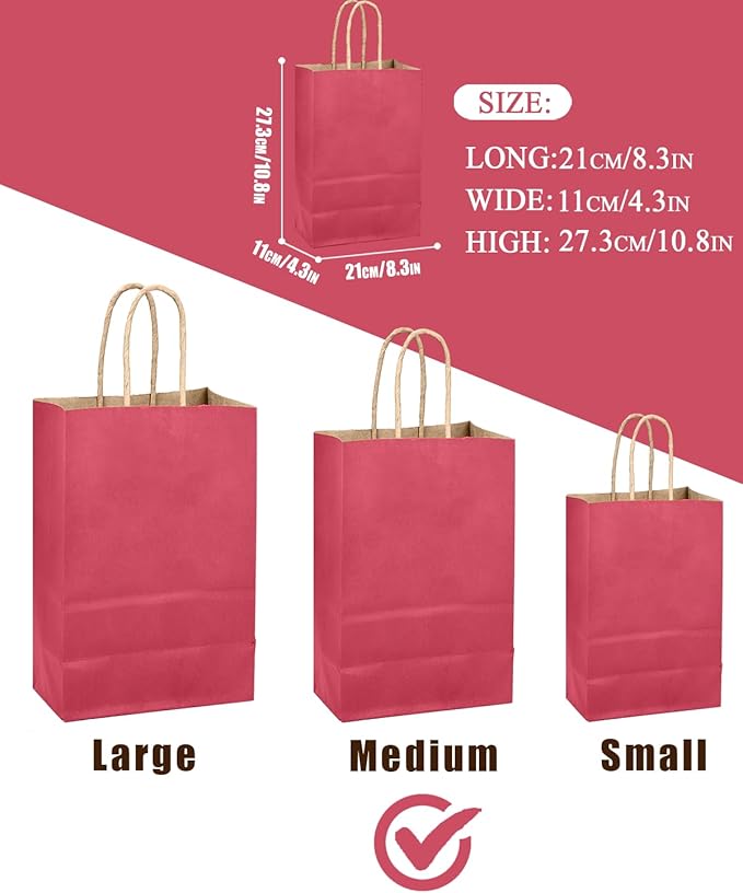 qiqee Bright Pink Gift Bag with Handles Bulk 24Pcs Paper Bags -10.6"x8.3"x4.3"Party Favor Bags - Solid Color