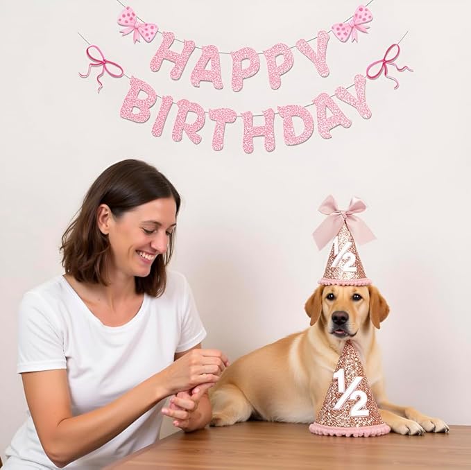 Half Birthday Hat Decorations 2 Set-Sequined Cone 1/2 Hat Happybirthday Banner for 6 Months Baby Girls Bow Birthday Party Decorations, Bow Party Deco(Rose Gold)