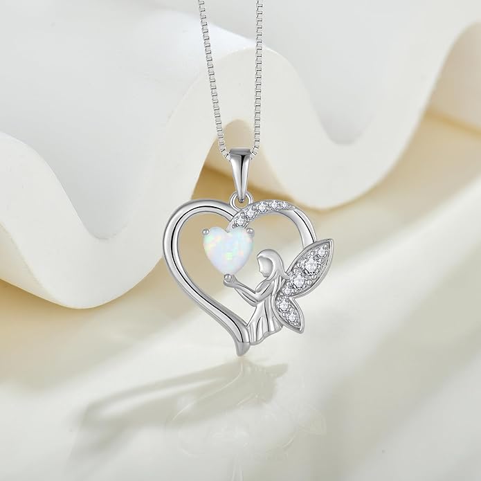 Guardian Angel Necklace 925 Sterling Silver Heart Angel Wings Pendant Birthstone Jewelry for Women