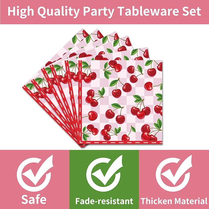 96 Pcs Cherry Birthday Decoration Disposable Tableware Set - She's the Cherry On Top Paper Plates Napkins Forks Fruit Cherry Theme Birthday Baby Shower Party Supplies for Serve 24 Guests