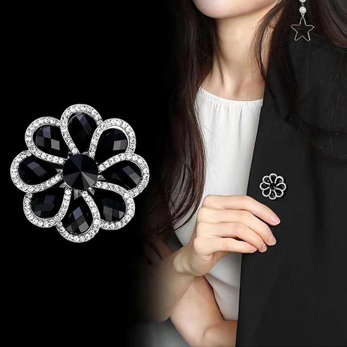 Rhinestone Flower Brooch for Women Vintage Style Black White Crystal Flower Brooch Pin Sparkling Bridal Wedding Crystal Pin Elegant Clothing Hat Bag Accessories Christmas Birthday Party Wedding Costume Jewelry