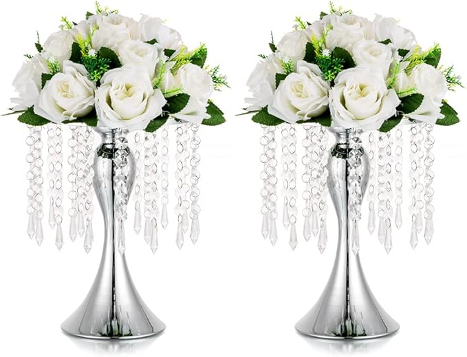 Silver Vases for Centerpieces, 10.2in Crystal Flower Arrangement Stand, Wedding Centerpieces for Tables, Tall Metal Flower Vase Holders for Wedding, Event, Reception, Birthday, Home Decor, 2 Pcs