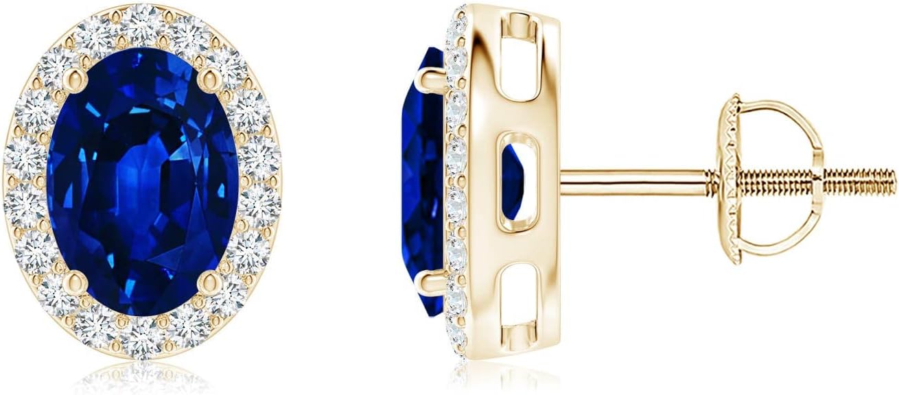ANGARA Natural Blue Sapphire Earrings for Women | Prong-Set Oval Blue Sapphire Stud Earrings with Diamond Halo in 14K Solid Gold/Platinum | September Birthday, Anniversary, Gemstone Jewellery Gift