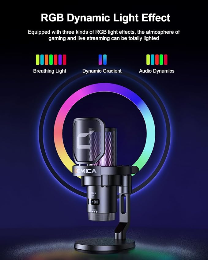 COMICA Ejoy Uni(D) USB Gaming Microphone with Noise Cancellation, RGB Lights, Monitoring, Muting, Streaming Mic for Computer, PS5, PS4, Streaming, Podcast, Chat, Twitch, YouTube, Discord